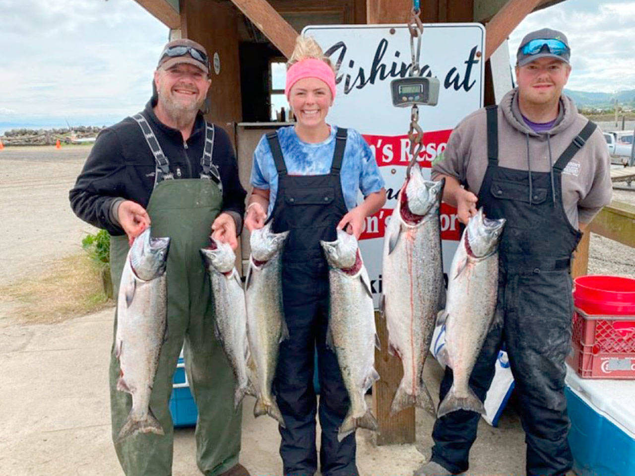 The Slattery Family caught limits of hatchery chinook while fishing the opening day of salmon season off Sekiu on Wednesday, July 1, 2020. (Mason’s Resort)