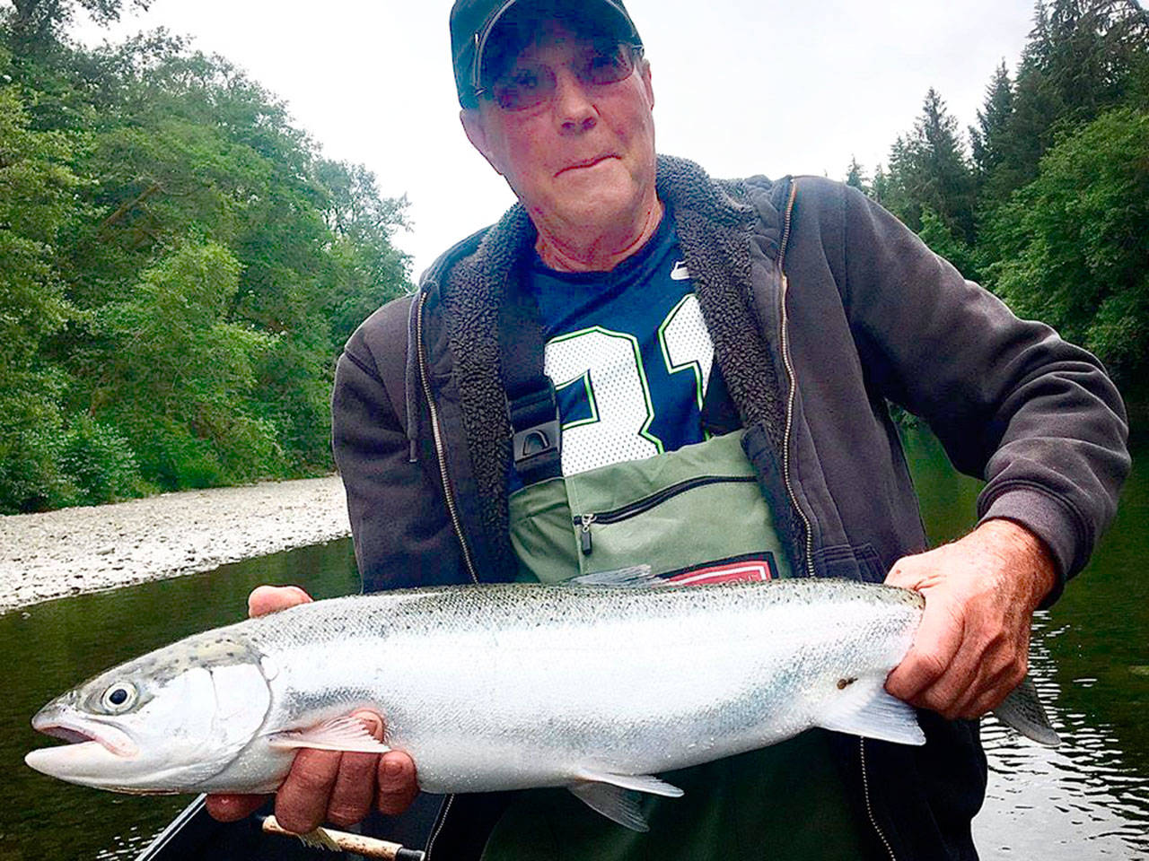 Randy Lundon of Joyce caught this chrome summer steelhead recently while fishing the Bogachiel River with Jerry Wright of Jerry’s Bait and Tackle. The fish was so fresh from the Pacific Ocean that the tails of sea lice (near anal fin) were still attached to this fish. (Jerry’s Bait and Tackle)