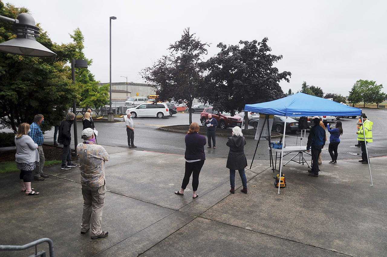 Sequim schools superintendent Dr. Rob Clark talks about the West Fir Street Rehabilitation Project at a ceremony July 9, 2020. (Michael Dashiell/Olympic Peninsula News Group)