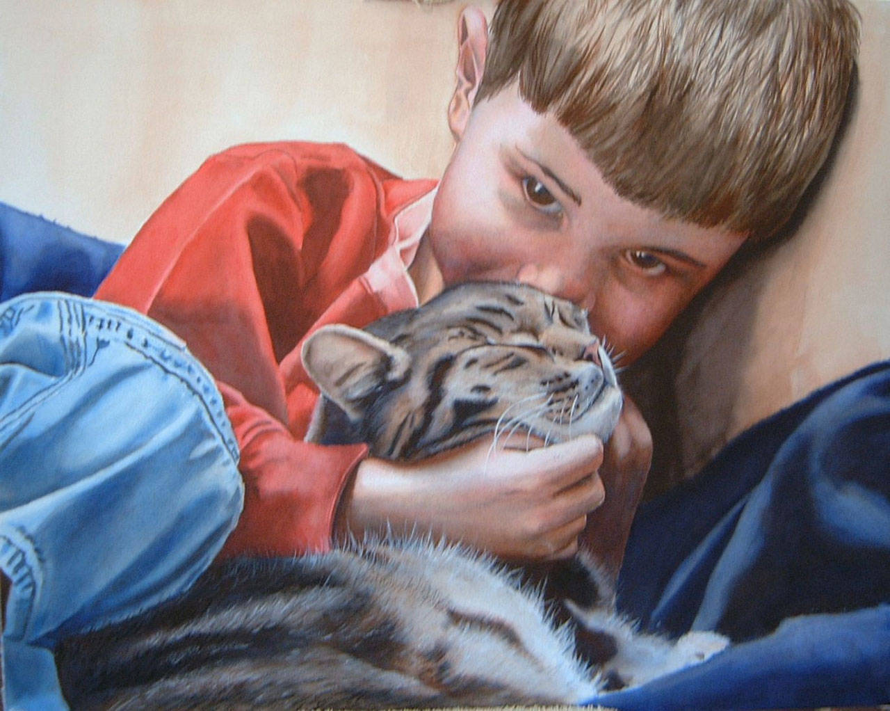“Adam & Sprocket” by Sally Cays, a featured artist this August at the Blue Whole Gallery.