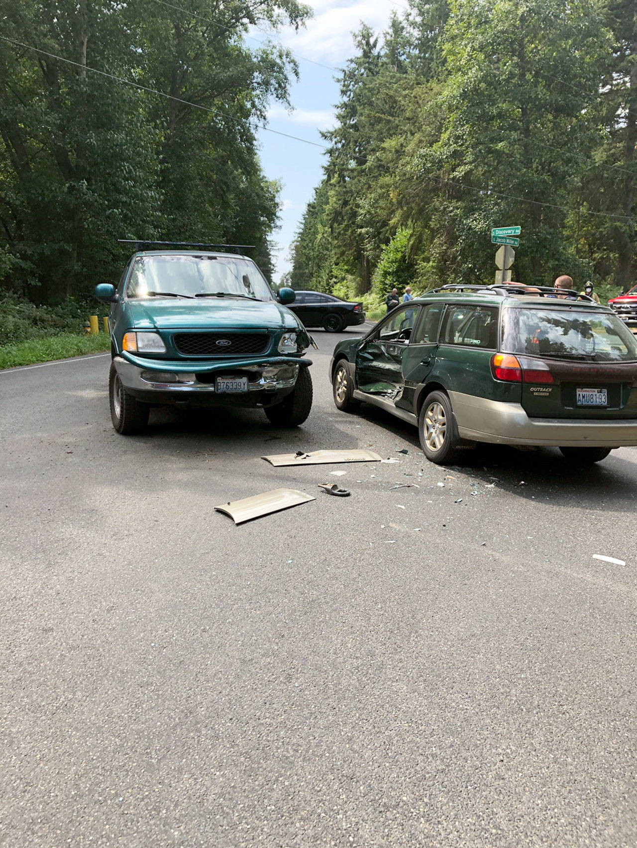 A crash between this Ford F150 and Subaru Legacy shut down traffic for about 40 minutes at the intersection of Jacob Miller Road and Discovery Bay Road. (Jefferson County Sheriffs Office)