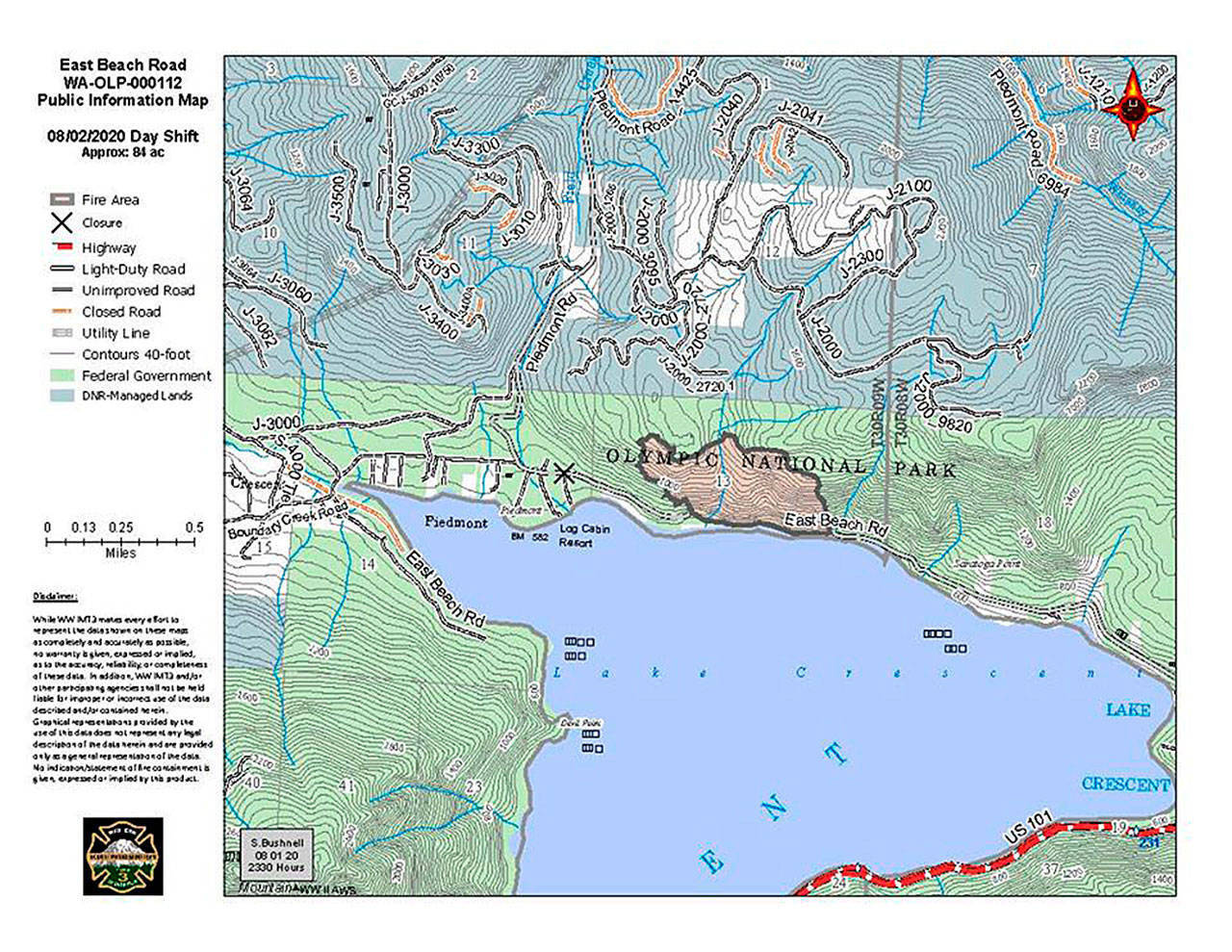 A map from the Western Washington Type 3 Incident Management Team shows the extent of the 84-acre East Beach Road Fire at Lake Crescent.