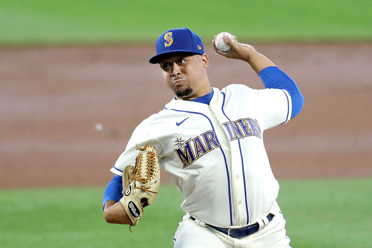 Seattle Mariners’ relief pitcher Justus Sheffield throws against the Colorado Rockies in the second inning of a baseball game Sunday, Aug. 9, 2020, in Seattle. (Elaine Thompson/Associated Press)