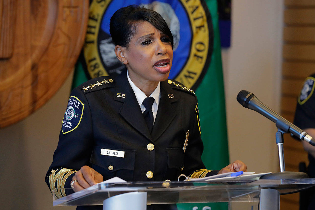 Seattle Police Chief Carmen Best speaks during a news conference Tuesday, Aug. 11, 2020, in Seattle. Best, the first Black woman to lead Seattle’s police department, announced she will be stepping down in September following cuts to her budget that would reduce the department by as many as 100 officers. (Ted S. Warren/Associated Press)