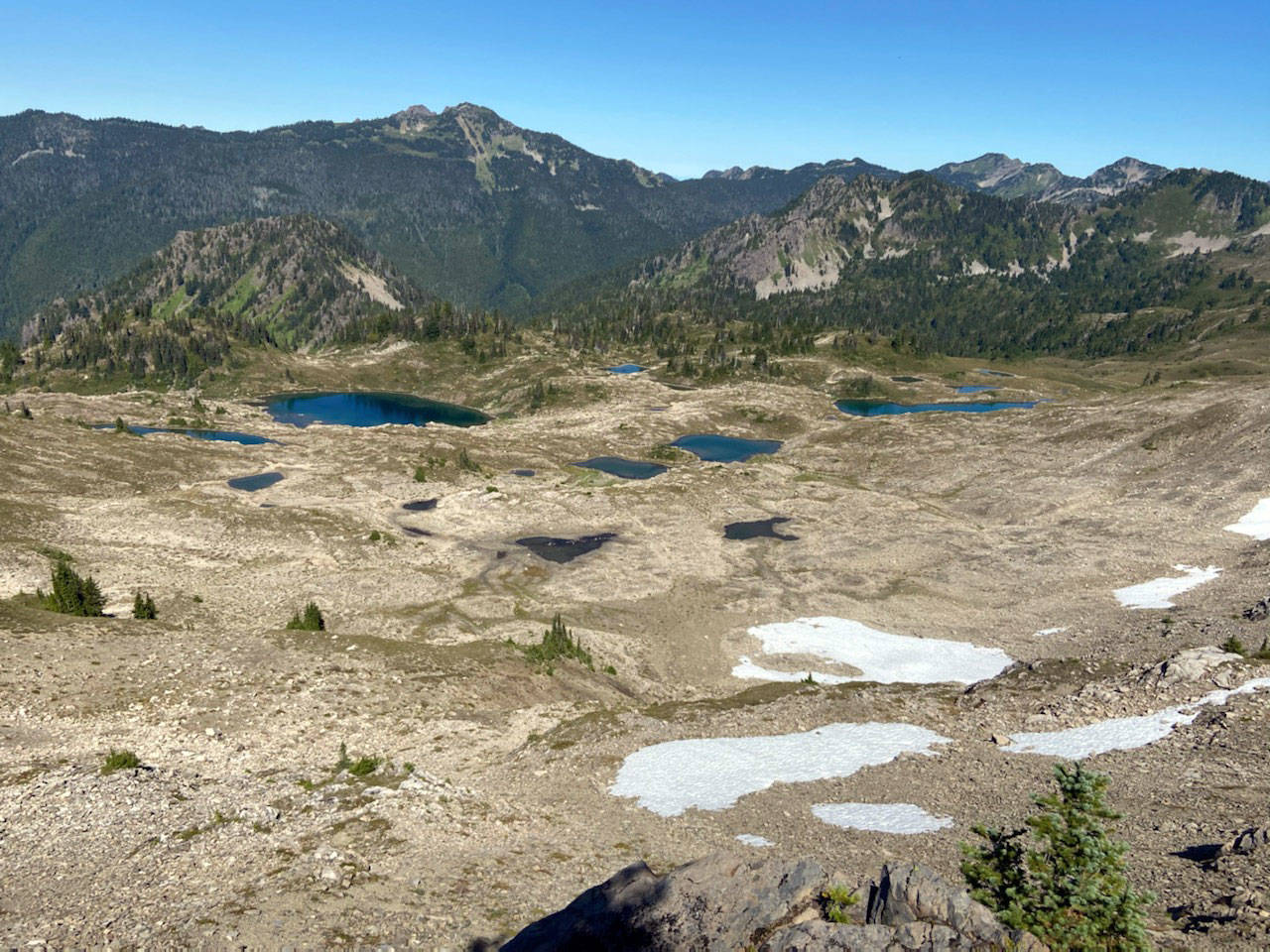 The alpine lakes of Seven Lakes Basin can be seen from Bogachiel Peak. (Rob Ollikainen/Peninsula Daily News)