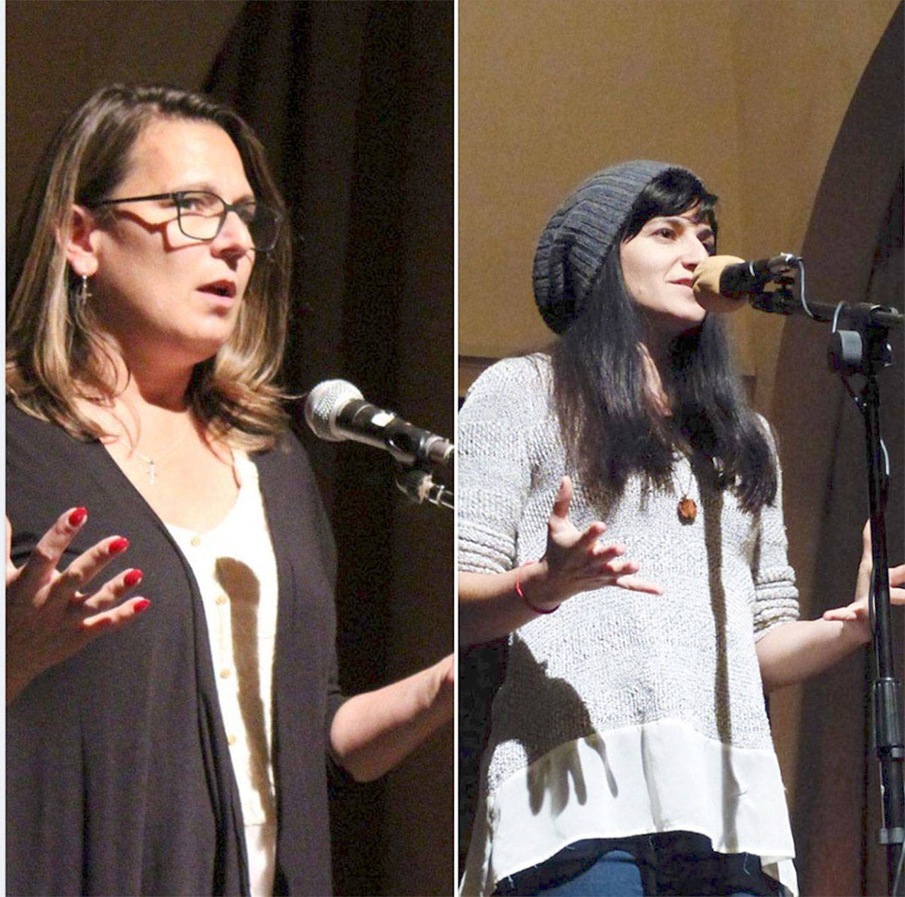 Jeanné Sparks, left, and Nessa Goldman host an OutLoud Story Slam online Thursday evening.