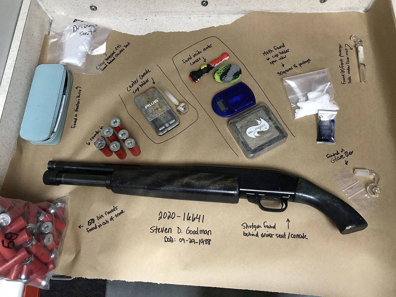 A number of the items recovered from the Aug. 17 traffic stop. (Photo courtesy of Clallam County Sheriff’s Office)