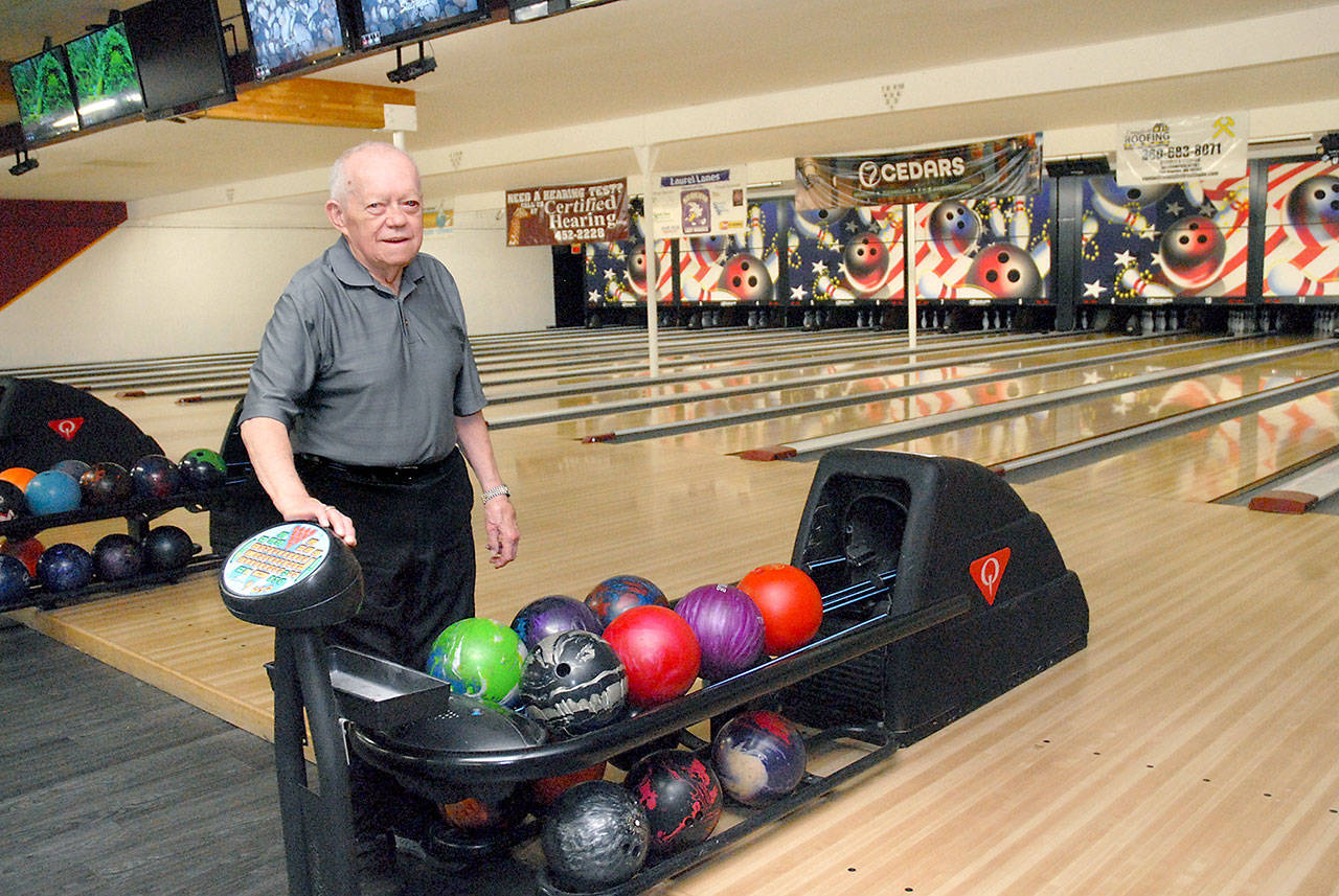 Vern Elkhart, owner of Laurel Lanes in Port Angeles, said he is unsure of how league bowling will work under the new distancing guidelines for bowling brought about by COVID-19. The alley plans to reopen at some point this fall. (Keith Thorpe/Peninsula Daily News)