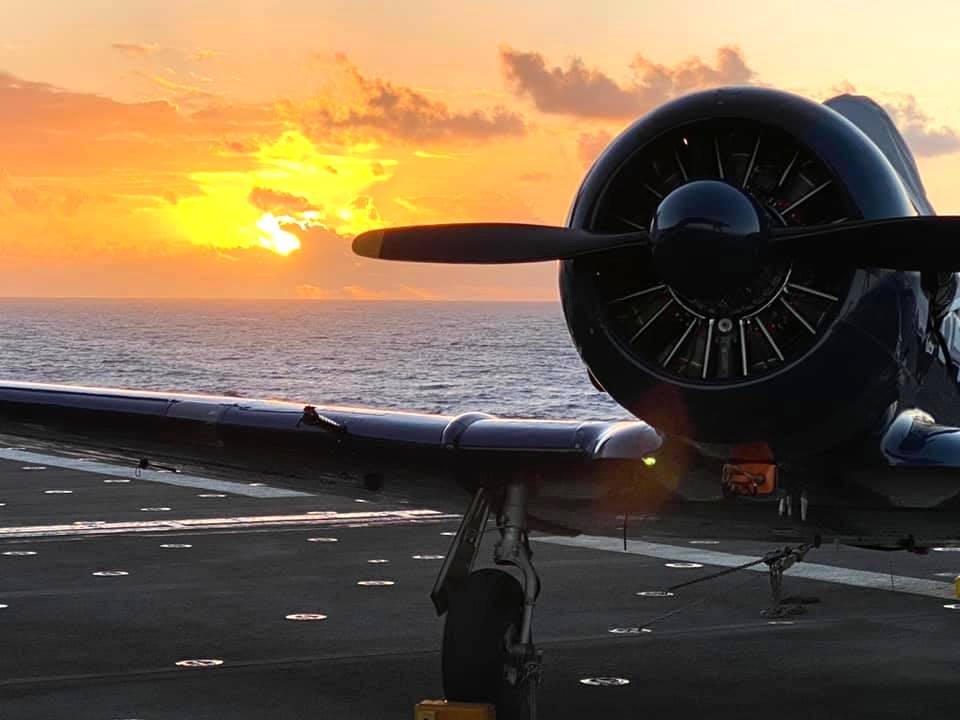 For eight days, John Johnson and Dave Richardson of Diamond Point rode aboard the USS Essex from San Diego to Oahu, Hawaii, to fly Johnsons T-6 Texan to commemorate the 75th anniversary of the end of World War II in the Pacific Ocean. (Photo courtesy of Dave Richardson)