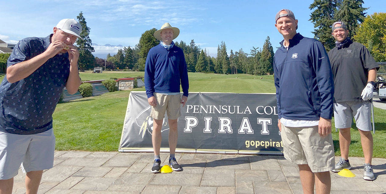 The foursome of, from left, CJ Freeman, former Peninsula men’s basketball assistant coach Jon Ing, former Pirates head men’s basketball coach Mitch Freeman and Jake Wheeler teamed to win the annual Pirate Golf Tournament with a score of 18-under par 54. (Photo By Peyton Rudd)