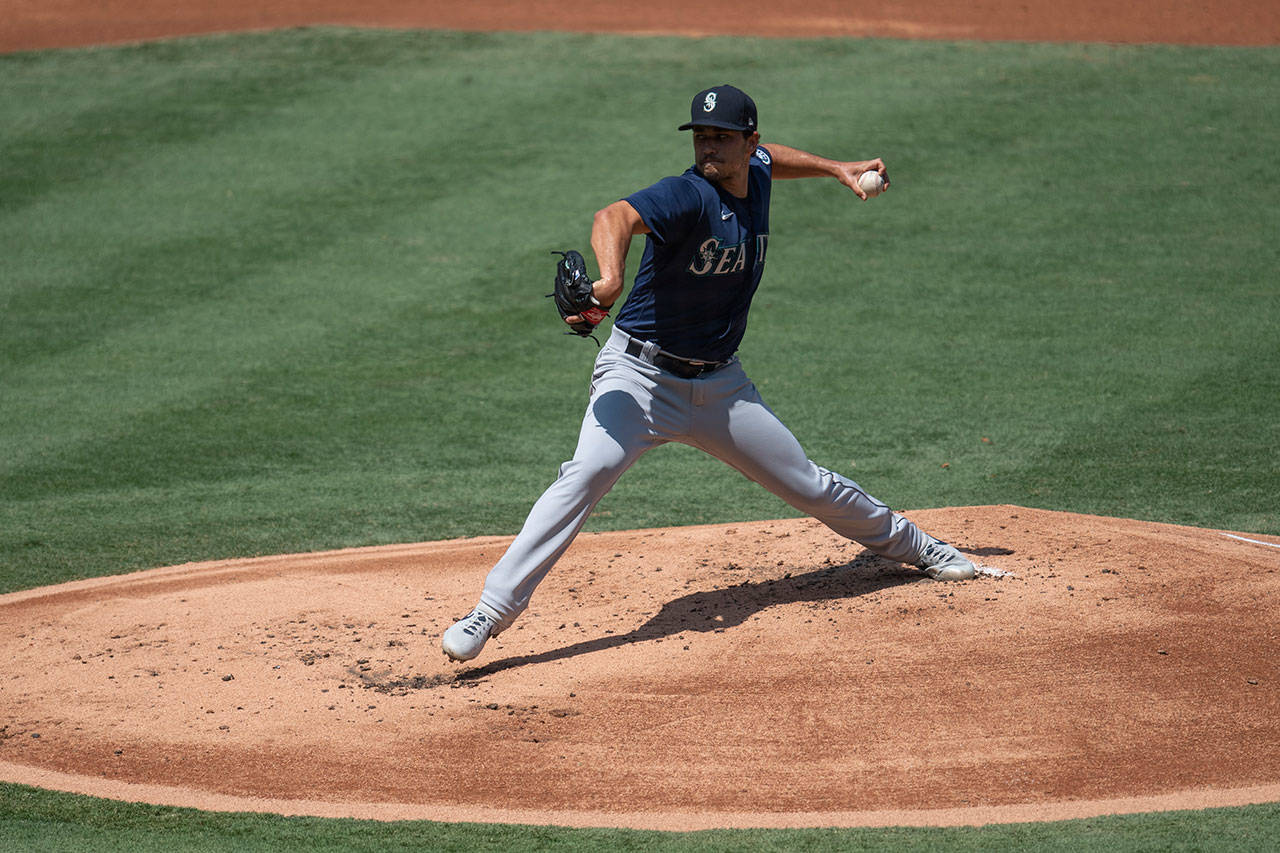 Seattle Mariners starting pitcher Marco Gonzales delivers during the first inning of a baseball game against the Los Angeles Angels in Anaheim, Calif., on Monday, Aug. 31, 2020. (Kyusung Gong/Associated Press)