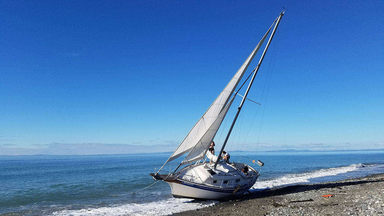 A non-commercial sailboat has been stranded on the Dungeness Spit since the evening of Friday, Aug. 28. Photo by Chad Kaiser