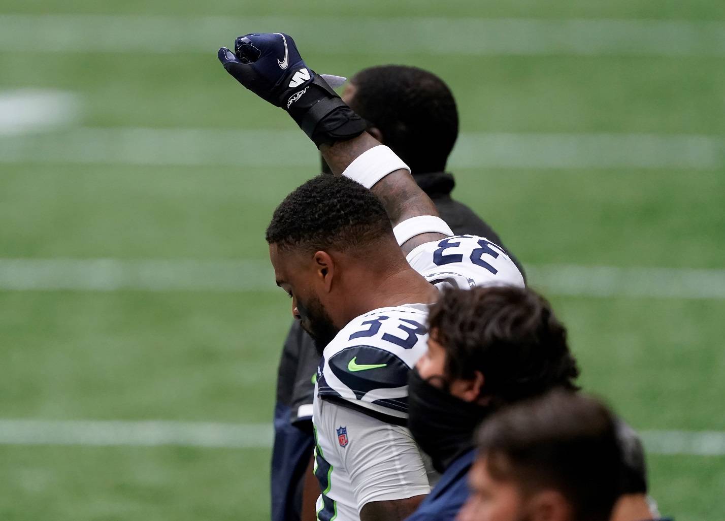 Seattle Seahawks strong safety Jamal Adams participates in the national anthem before a game against the Atlanta Falcons on Sunday in Atlanta. (John Bazemore/Associated Press)