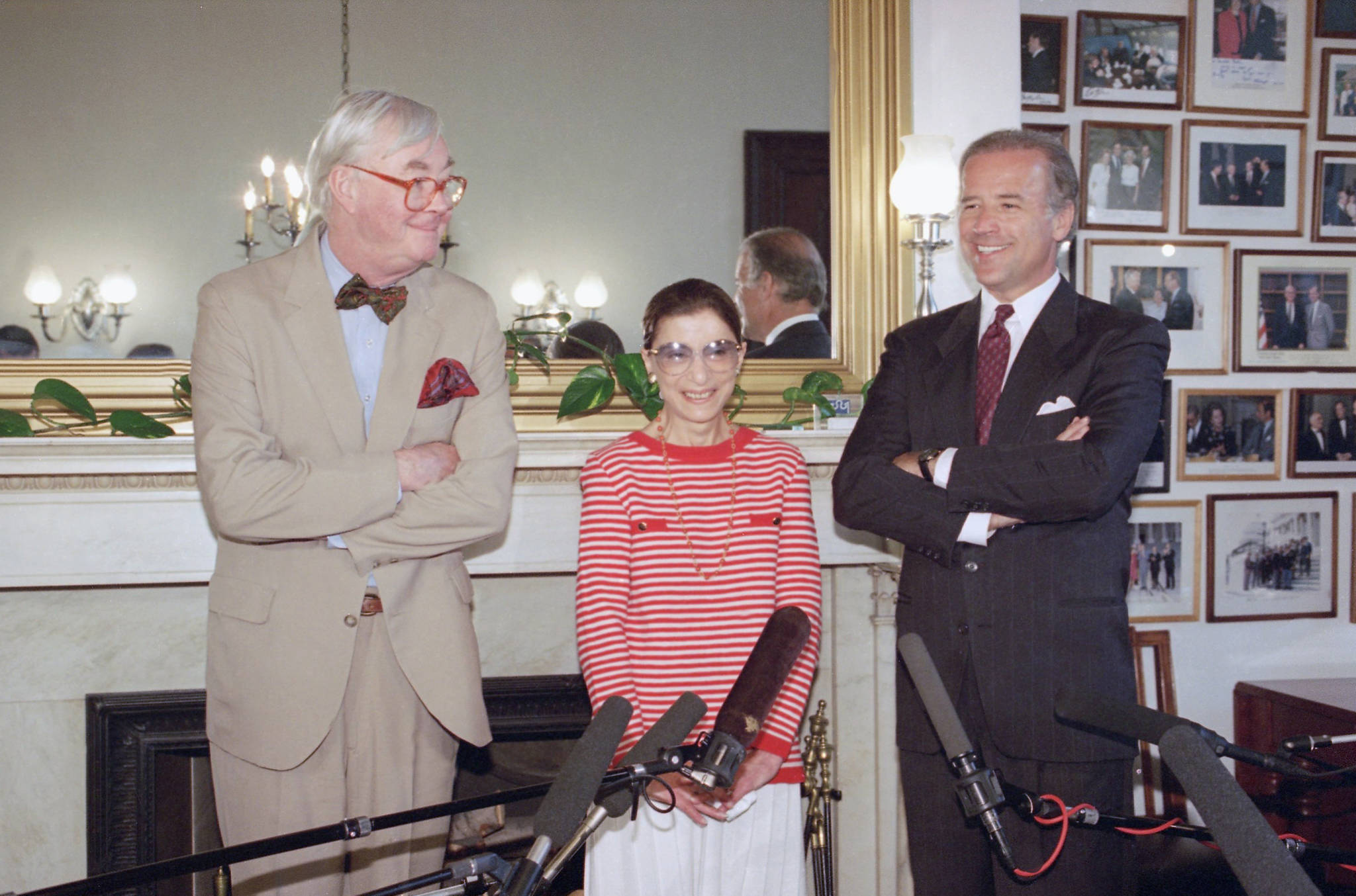 In this June 15, 1993, file photo, Judge Ruth Bader Ginsburg poses with Sen. Daniel Patrick Moynihan, D-N.Y., left, and Sen. Joseph Biden, D-Del., chairman of the Senate Judiciary Committee on Capitol Hill in Washington. The Supreme Court says Ginsburg has died of metastatic pancreatic cancer at age 87. (Marcy Nighswander/Associated Press file)