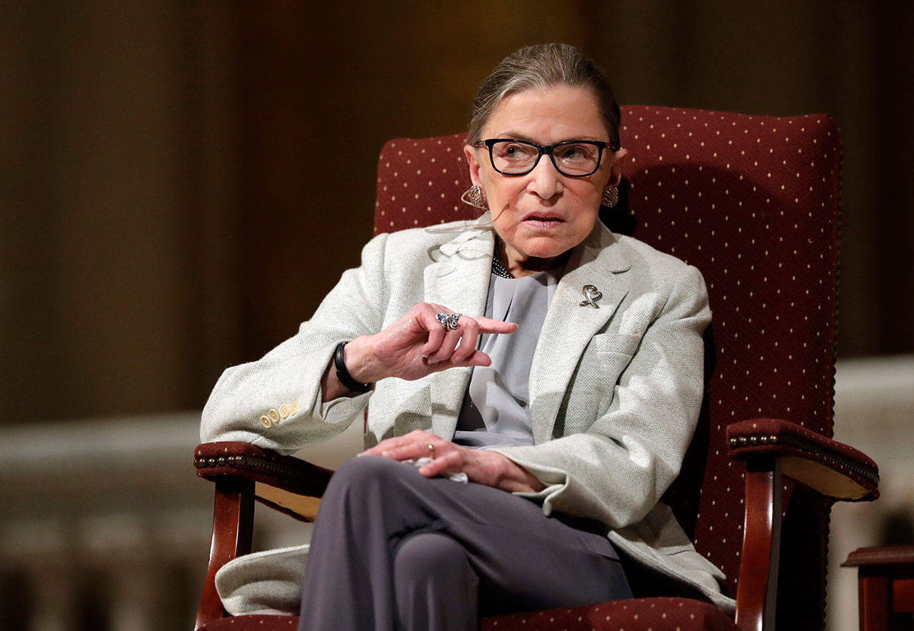 Supreme Court Justice Ruth Bader Ginsburg speaks at Stanford University in Stanford, Calif., in this Feb. 6, 2017 file photo. Ginsburg has died of metastatic pancreatic cancer at age 87. (Marcio Jose Sanchez/Associated Press file)