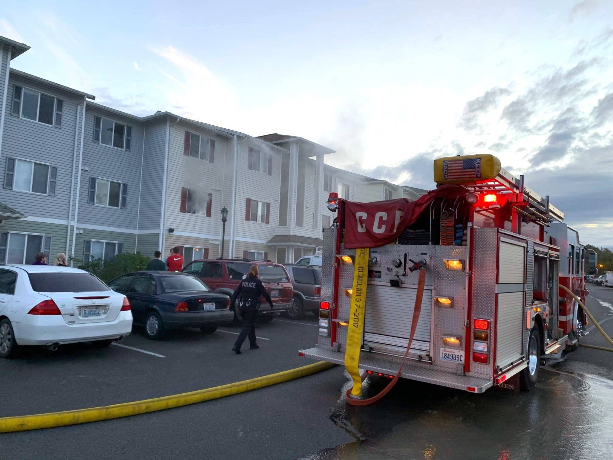 A fire was contained to one room in a second story apartment Monday, Sept. 21, 2020, with smoke damage reported in the one apartment and water damage in it and the apartment below. (Photo courtesy of Clallam County Fire District 3)