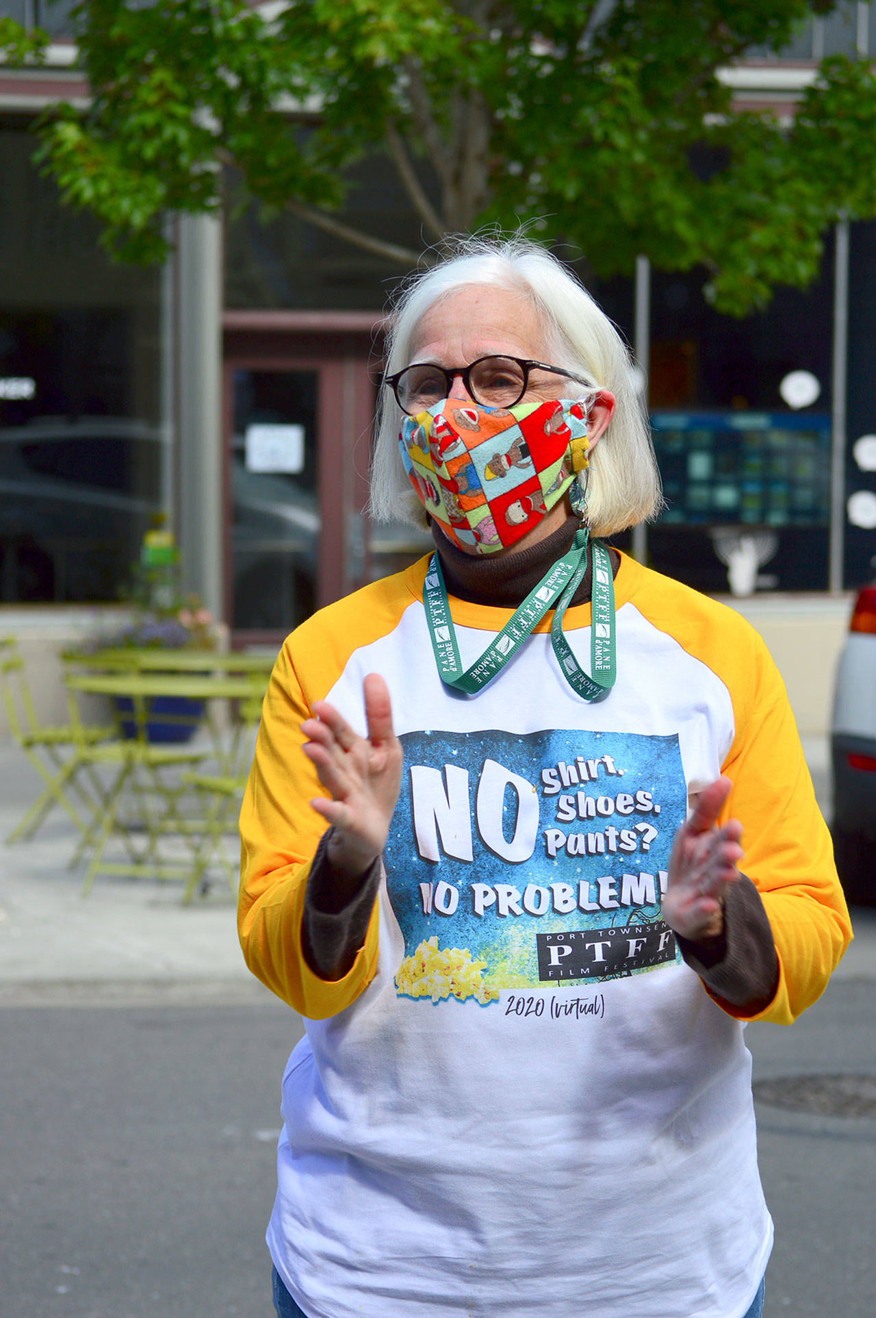 Janette Force, executive director of the Port Townsend Virtual Film Festival, models the events latest T-shirt. (Diane Urbani de la Paz/for Peninsula Daily News)