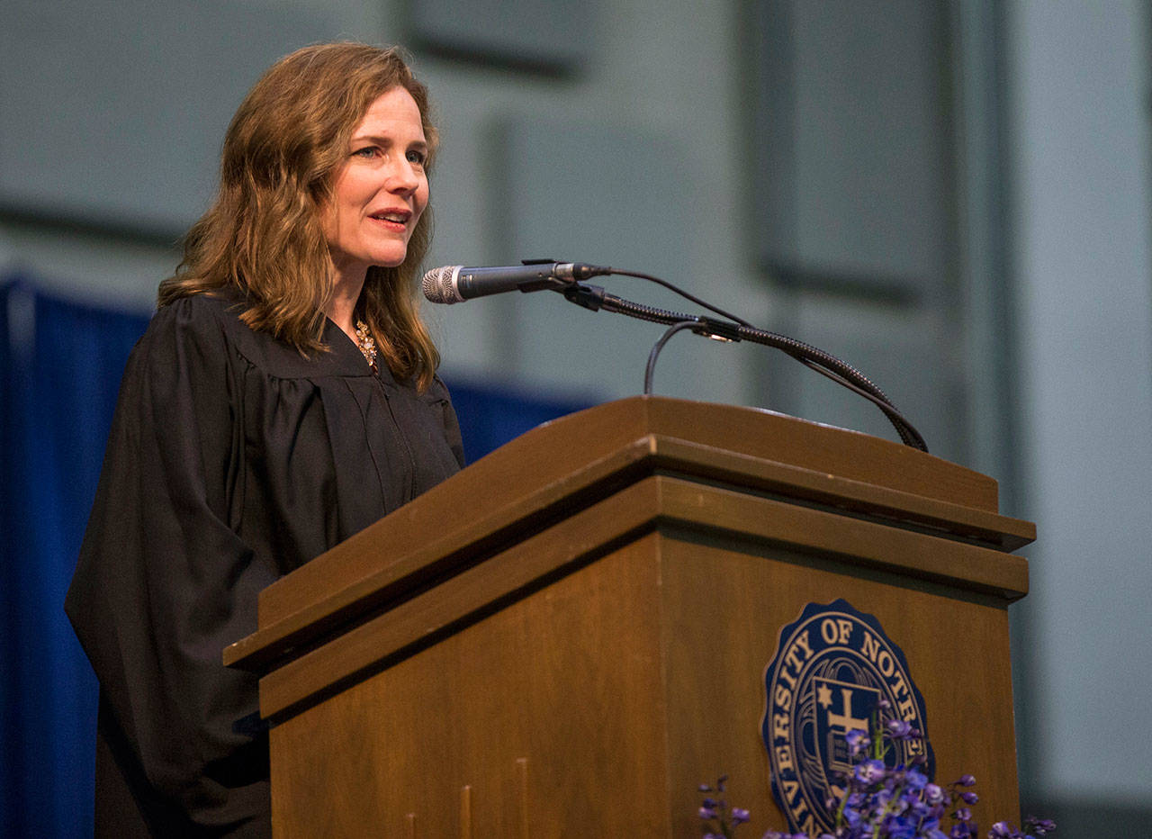 In this May 19, 2018 photo, Amy Coney Barrett, United States Court of Appeals for the Seventh Circuit judge, speaks during the University of Notre Dame’s Law School commencement ceremony at the university, in South Bend, Ind. (Robert Franklin/South Bend Tribune via The Associated Press)