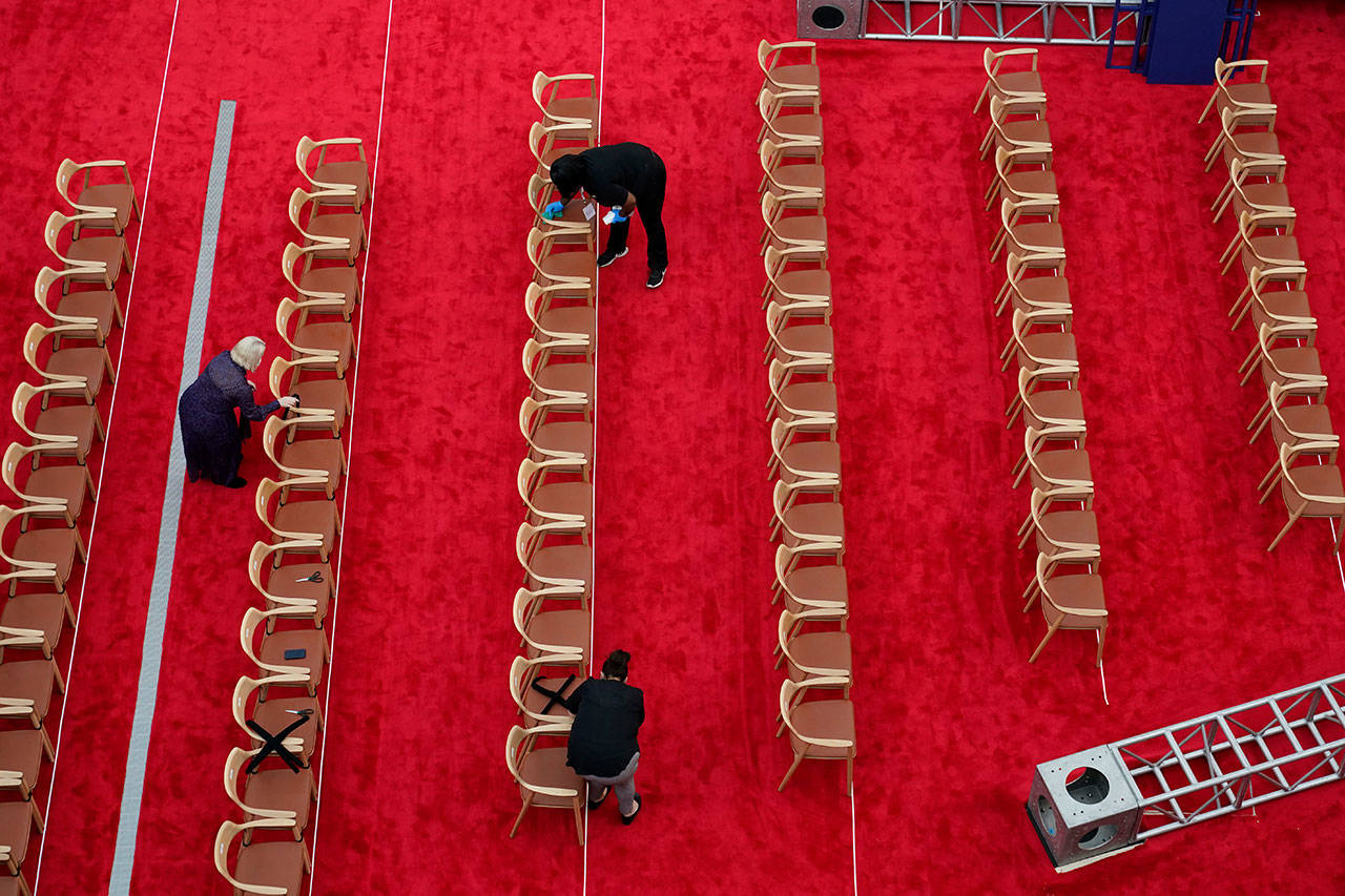 Preparations take place for the first Presidential debate in the Sheila and Eric Samson Pavilion on Monday, Sept. 28, 2020, in Cleveland. (Patrick Semansky/Associated Press)