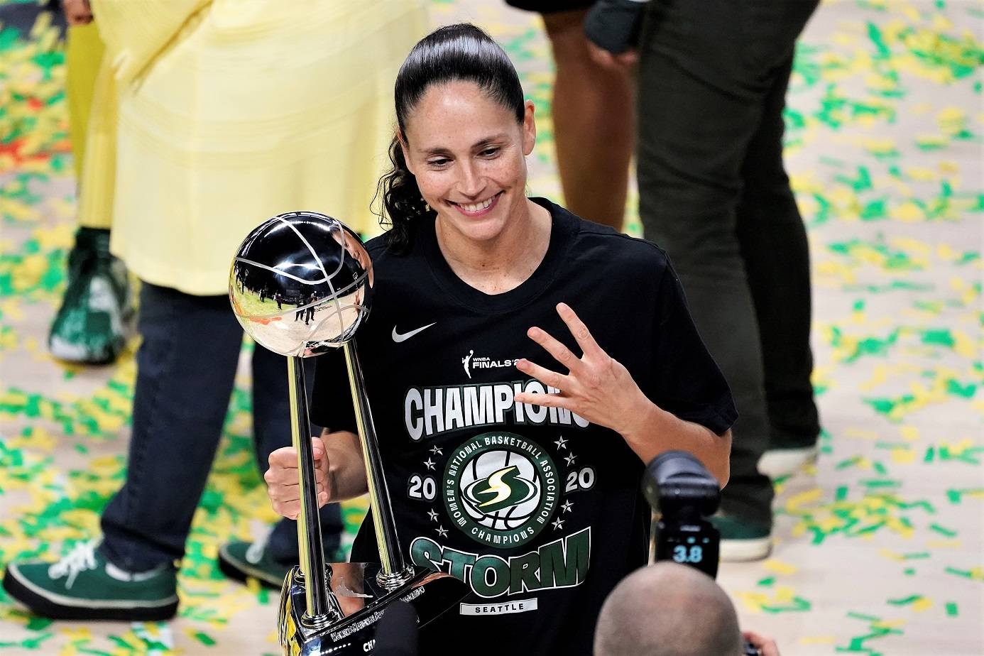 Seattle Storm guard Sue Bird poses for a photo after the team won the WNBA Championship on Tuesday in Bradenton, Fla. (AP Photo/Chris O'Meara)