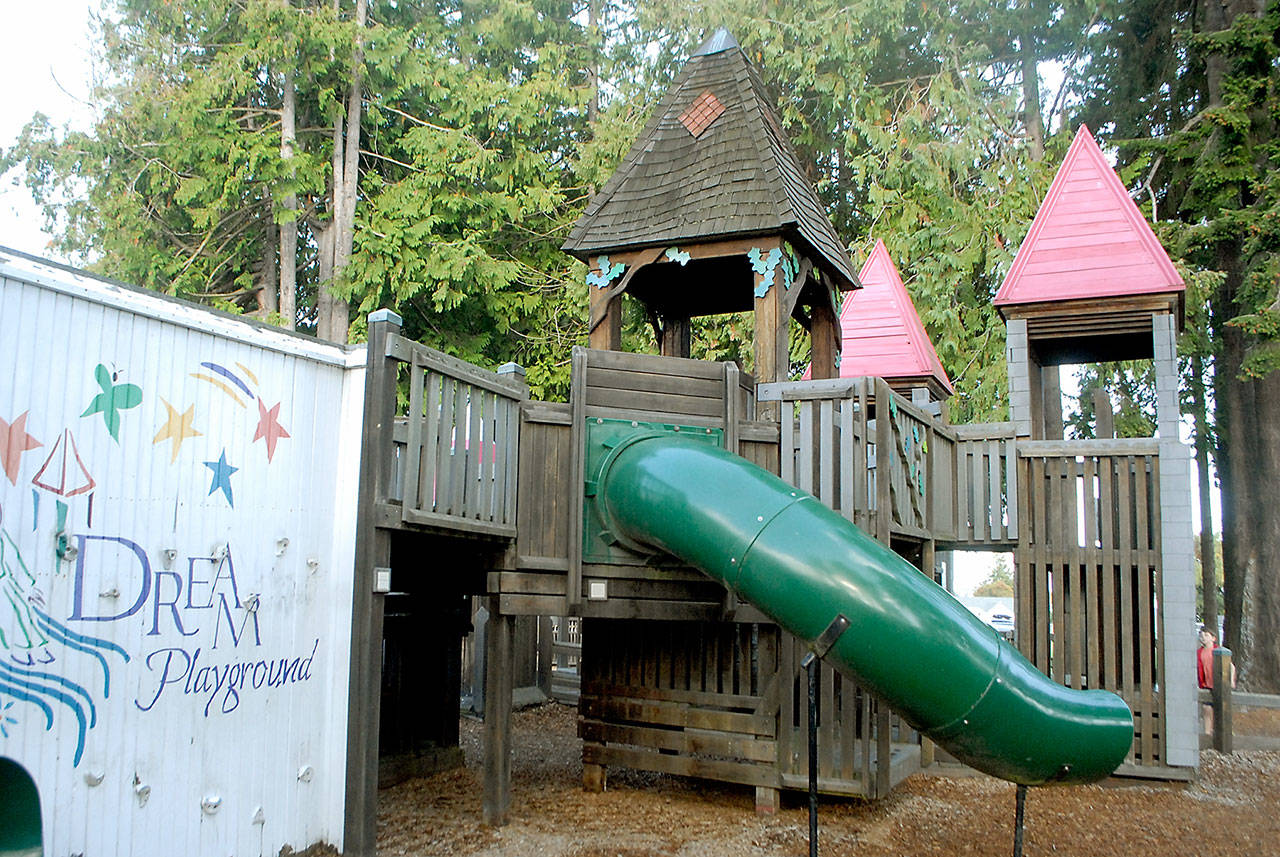 The Dream Playground at Erickson Playfield in Port Angeles, shown Wednesday, Oct. 14, 2020, is slated for replacement with more modern playground equipment. (Keith Thorpe/Peninsula Daily News)