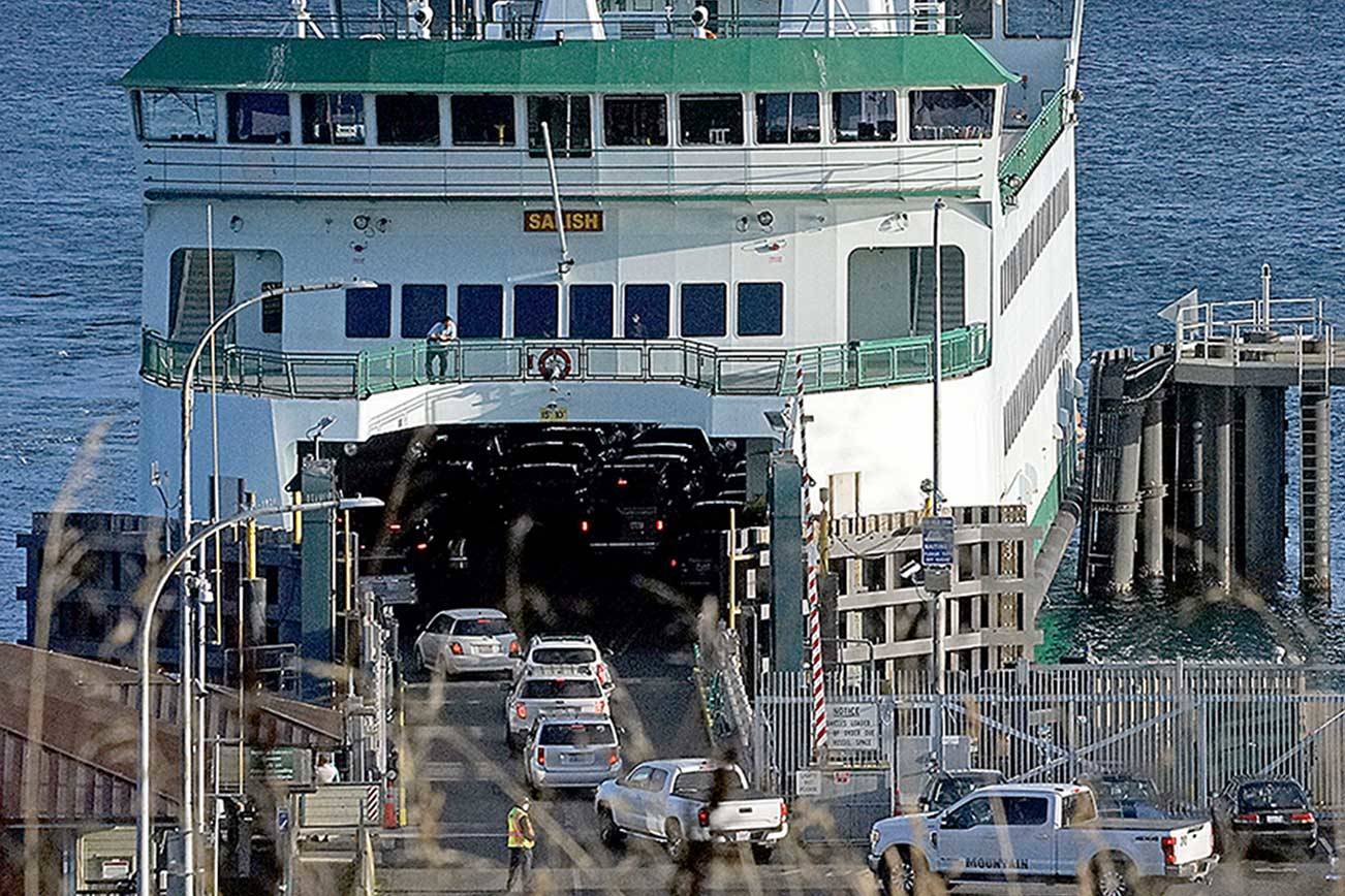 Vehicles are loaded onto the MV Salish ferry boat at the terminal in Port Townsend earlier this month. Cost-saving options floated by the state Department of Transportation for the 2021-23 budget include pulling the Salish from service, which would leave the Port Townsend-Coupeville route with one boat. (Nicholas Johnson/Peninsula Daily News)