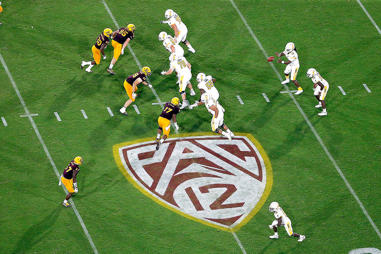 The Pac-12 logo during the second half of an NCAA college football game between Arizona State and Kent State, in Tempe, Ariz., in August 2019. (The Associated Press)