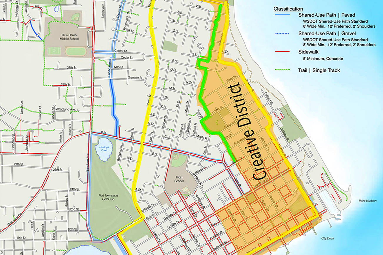 This map shows the Port Townsend Creative District in orange along
with plans for walking, biking and driving tour routes. Kris Nelson,
chair of the Port Townsend Creative District subcommittee, said this
route plan was based on an initial project budget of $80,000 and will
have to be scaled back to fit within the current $49,000 budget.