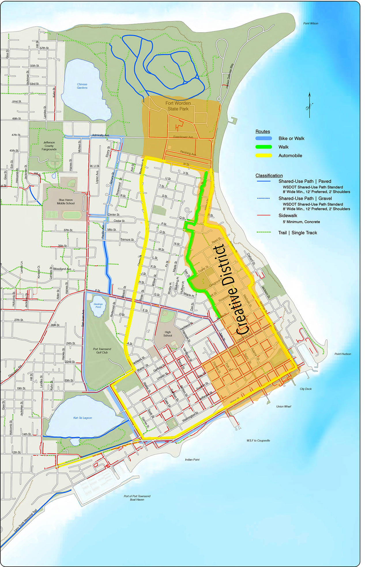 This map shows the Port Townsend Creative District in orange along with plans for walking, biking and driving tour routes. Kris Nelson, chair of the Port Townsend Creative District subcommittee, said this route plan was based on an initial project budget of $80,000 and will have to be scaled back to fit within the current $49,000 budget.