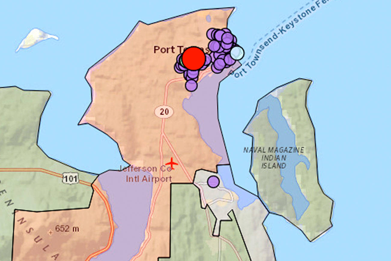This screenshot of the Jefferson County Public Utility District's
online outage map shows the area affected by Friday morning's
electrical power outage, which most severely affected customers in the
Port Townsend area.