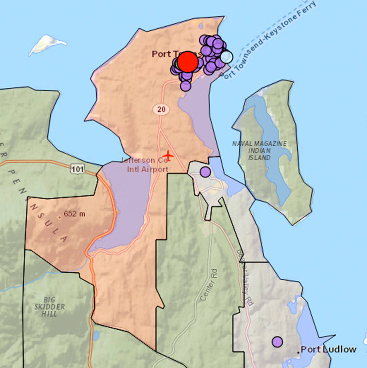 This screenshot of the Jefferson County Public Utility District’s online outage map shows the area that was affected by Friday morning’s electrical power outage, which most severely affected customers in the Port Townsend area.