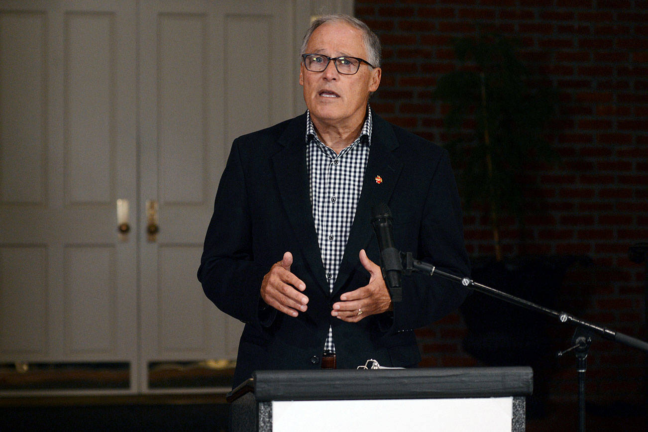 Gov. Jay Inslee thanks the voters of Washington state after winning his third term, Tuesday, Nov. 3, 2020 in Olympia Wash. (Steve Bloom/The Olympian via AP)