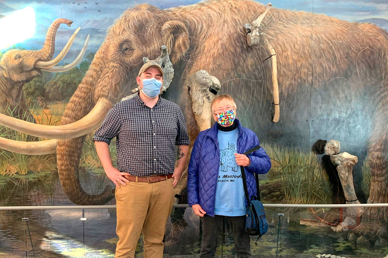 Zachary Newell, a researcher at the Center for the Study of the First Americans at Texas A&M, met with Clare Manis Hatler last week to discuss the discovery of the Manis mastodon. (Photo courtesy of Zachary Newell)