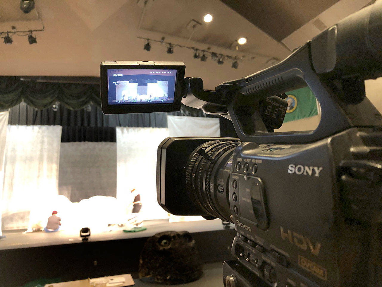 A camera catches the action on the stage for an online rendition of a Port Angeles High School play. (Submitted photo)