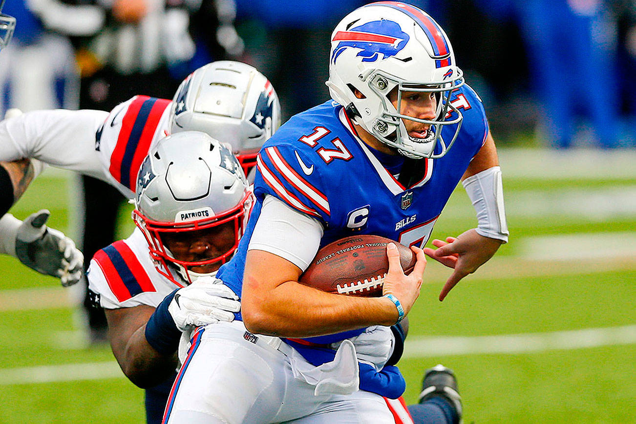 Buffalo Bills quarterback Josh Allen (17) is tackled by New England Patriots' Ja'Whaun Bentley (51) during the second half of an NFL football game Sunday, Nov. 1, 2020, in Orchard Park, N.Y. (AP Photo/John Munson)