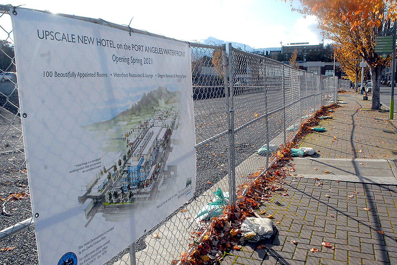 Keith Thorpe/Peninsula Daily News
Construction fencing surrounds the site of a luxury hotel being built by the Lower Elwha Klallam Tribe at Front and Laurel streets in downtown Port Angeles.