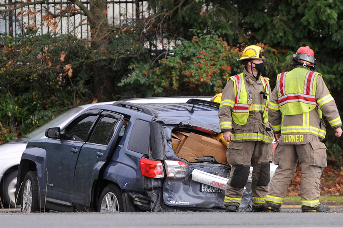 Four people were sent to Port Angeles and Everett on Friday afternoon after a collision at the intersection of US Highway 101 and Carlsborg Road. Michael Dashiell/Olympic Peninsula News Group