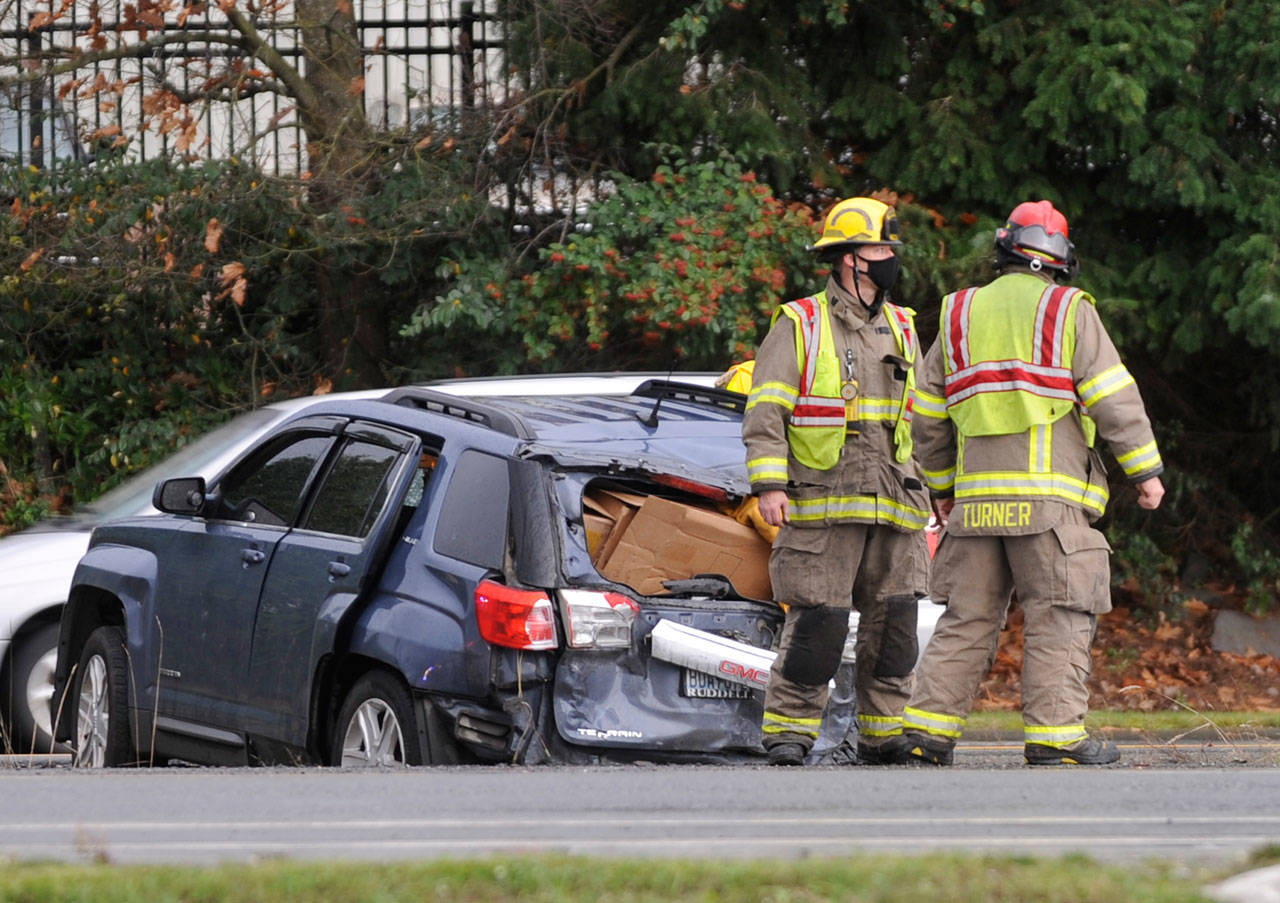 Four people were sent to hospitals on Friday afternoon after a collision at the intersection of US Highway 101 and Carlsborg Road. (Michael Dashiell/Olympic Peninsula News Group)