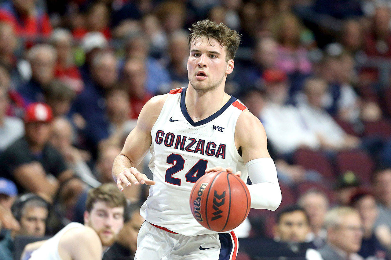 Gonzaga’s Corey Kispert plays against San Francisco in the West Coast Conference men’s tournament in Las Vegas in March. Kispert is back this season for the Bulldogs. (Isaac Brekken/The Associated Press)