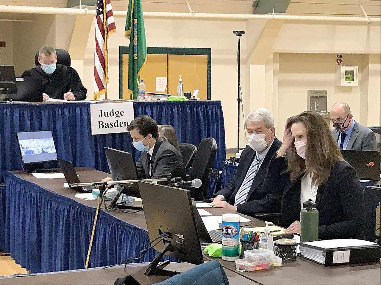 Lawyers prepared for closing arguments last week in a Clallam County Superior Court trial involving Olympic Medical Center presided over by Judge Brent Basden at Vern Burton Community Center. (Paul Gottlieb/Peninsula Daily News)