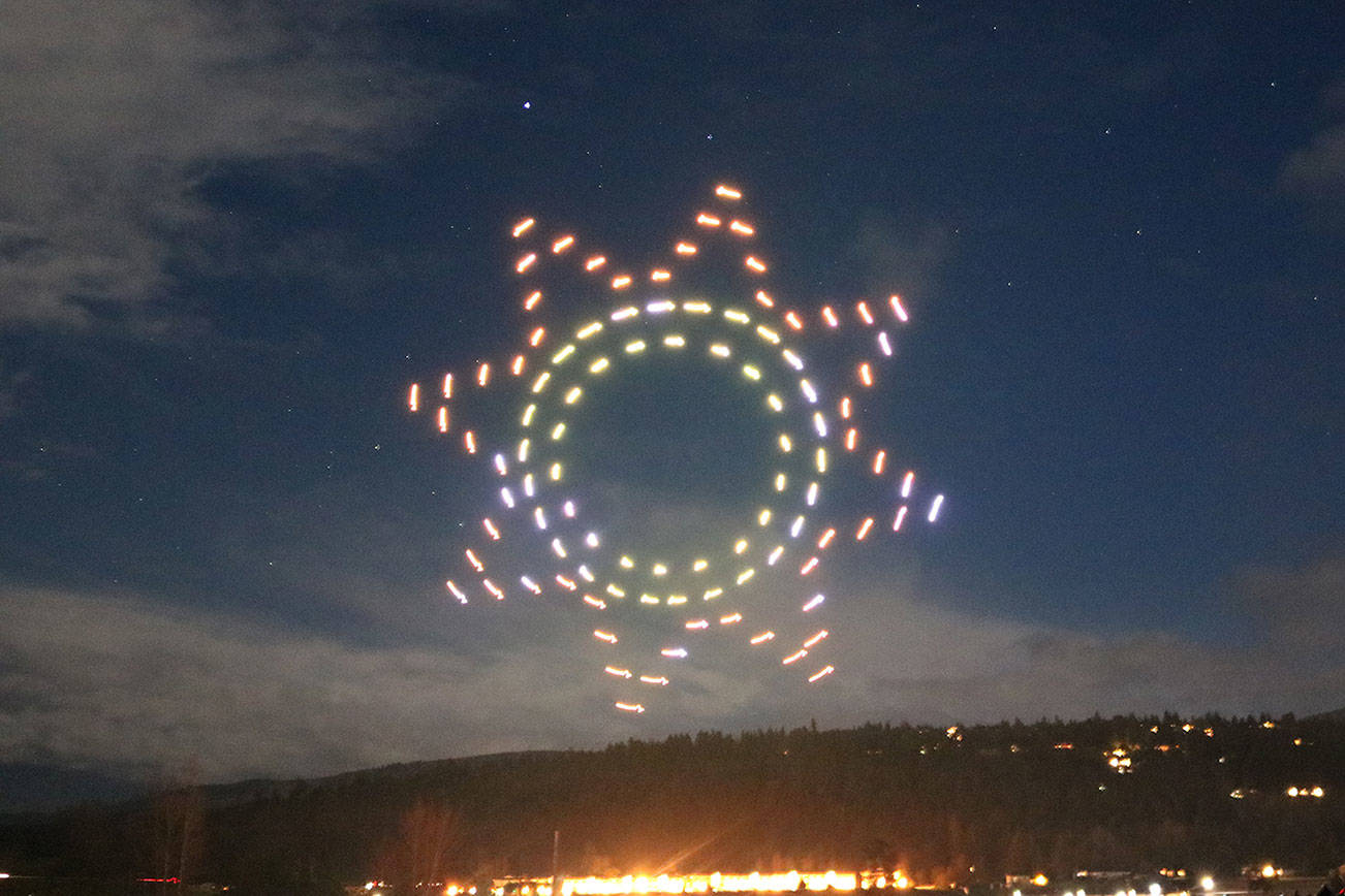 An illuminating drone show at Carrie Blake Park lights up the Sequim sky in March. Instead of the drone show for the 2021 Sunshine Festival, Barbara Hanna, Sequim’s communications and marketing director, said they’re considering another special event in the park with lights for the holidays. City officials say they intend to tentatively bring the drone show back in 2022. Photo by Barb Hanna/City of Sequim