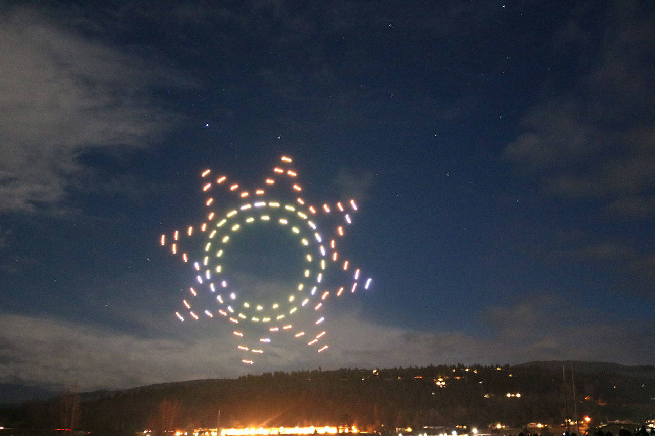 An illuminating drone show at Carrie Blake Park lights up the Sequim sky in March. Instead of the drone show for the 2021 Sunshine Festival, the city is considering another special event in the park with lights for the holidays. (Photo by Barb Hanna/City of Sequim)