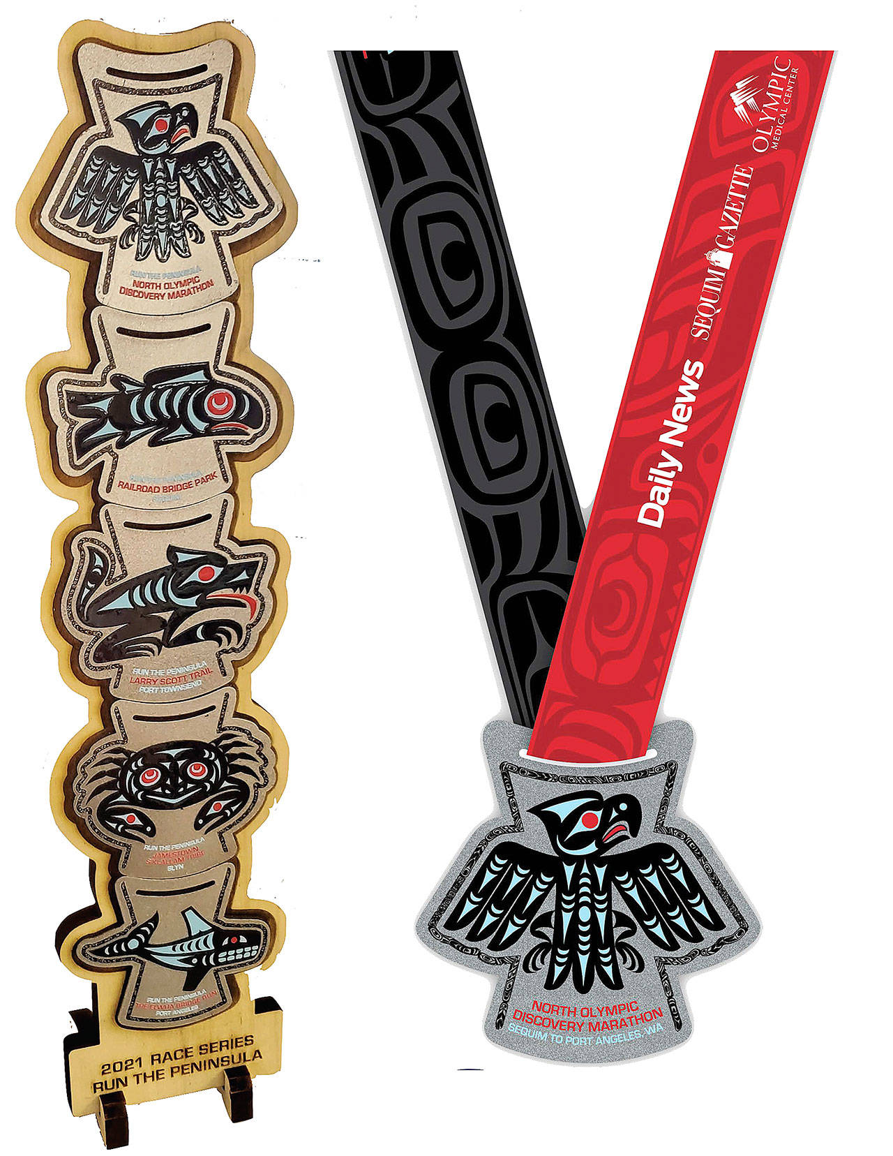The Port Angeles Marathon Association partnered with the Lower Elwha Klallam Tribe and the Jamestown S’Klallam Tribe to create the 2021 medals for the Run the Peninsula series. (Port Angeles Marathon Association)