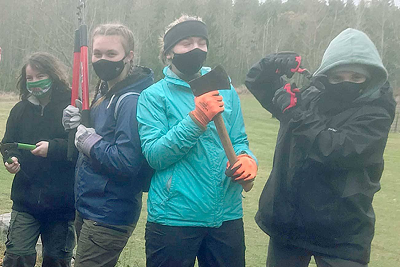 Sequim Scout Troop 1498 gears up to attack and trim back overgrown native roses, blackberries and brush along the trails at Layton Hill Horse Camp. They also camped and learned trail safety rules from the Peninsula chapter of Back Country Horsemen. (Carrie Kalina)