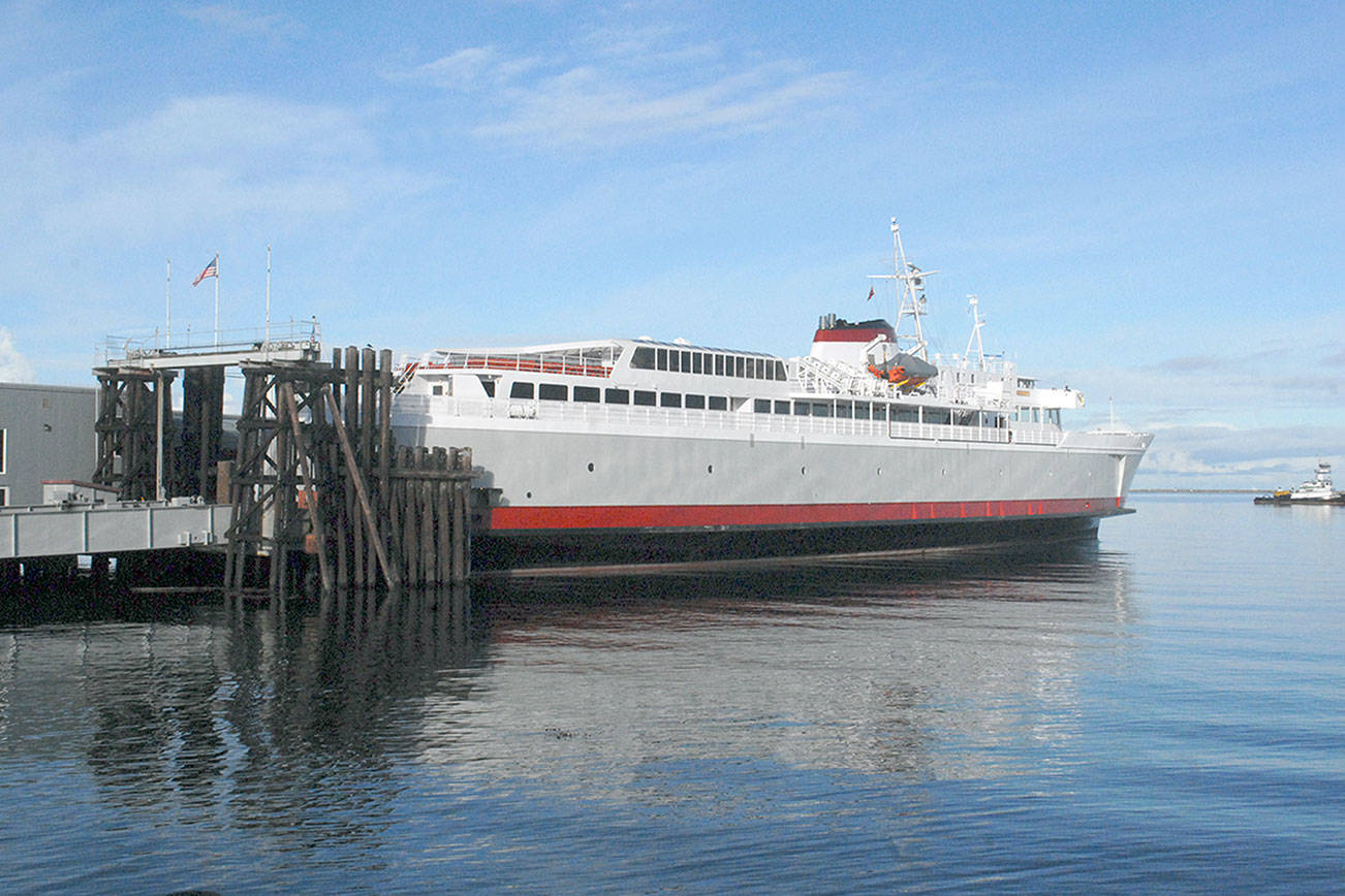 Keith Thorpe/Peninsula Daily News
The ferry MV Coho sits idle at its landing in Port Angeles on Friday.