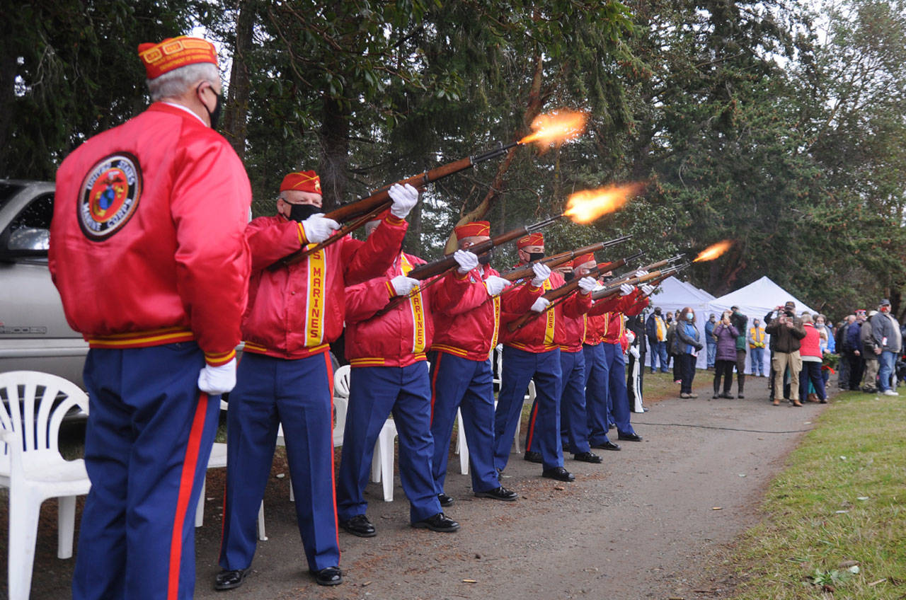 Members of the Mt. Olympus Detachment Marine Corps League offer a gun salute at Saturday’s Wreaths Across America event in Sequim. (Michael Dashiell/Olympic Peninsula News Group)