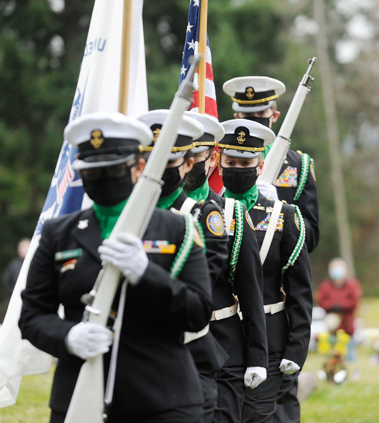 Members of the Port Angeles NJROTC program present the colors at the 2020 Sequim Wreaths Across America event on Dec. 19. (Michael Dashiell/Olympic Peninsula News Group)