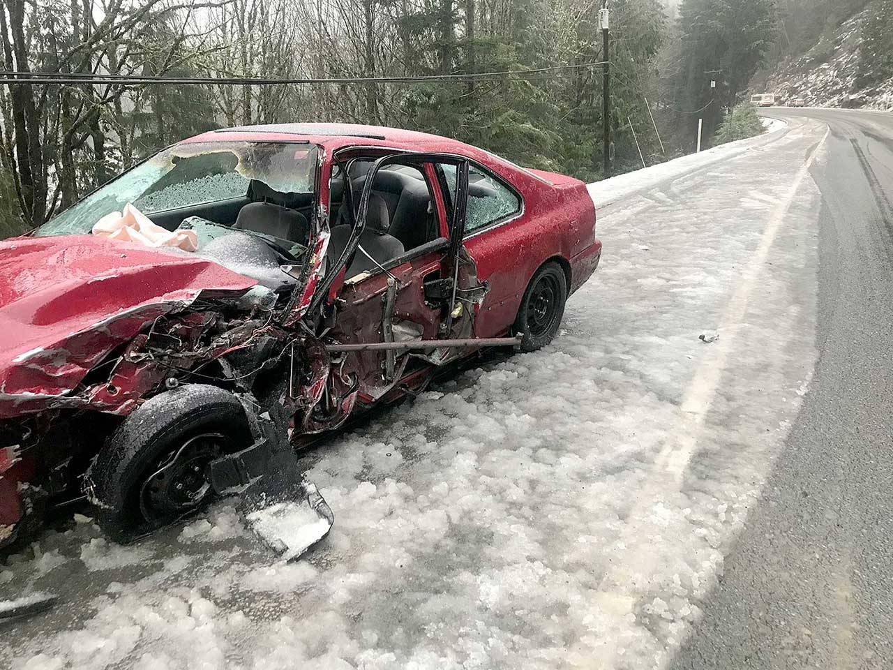 A Forks woman was transported to a hospital after her vehicle collided with a Clallam Transit bus Monday, Dec. 21, 2020. (Photo courtesy of Washington State Patrol)