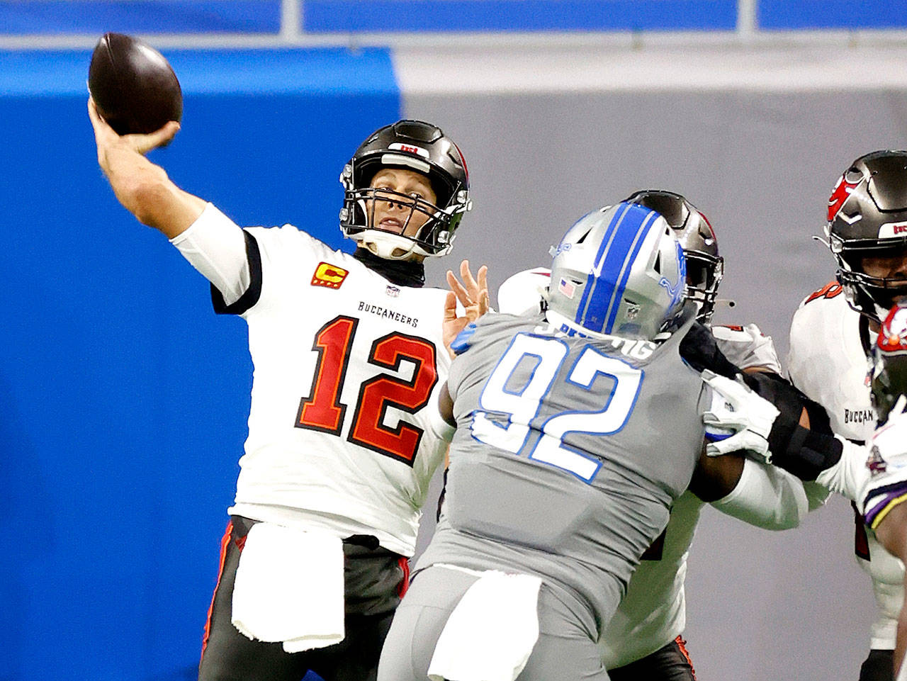 Tampa Bay Buccaneers quarterback Tom Brady (12) passes in the first half against the Detroit Lions during an NFL football game, Saturday, Dec. 26, 2020, in Detroit. (AP Photo/Rick Osentoski)