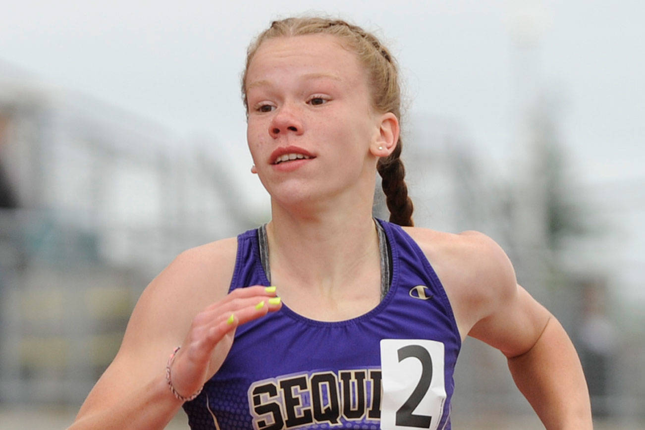 Sequim's Riley Pyeatt races in the preliminaries of the 200 meters at the Class 2A state track and field championships in Tacoma in May 2019. Pyeatt placed fifth in the 400-meter race. Michael Dashiell/Olympic Peninsula News Group
